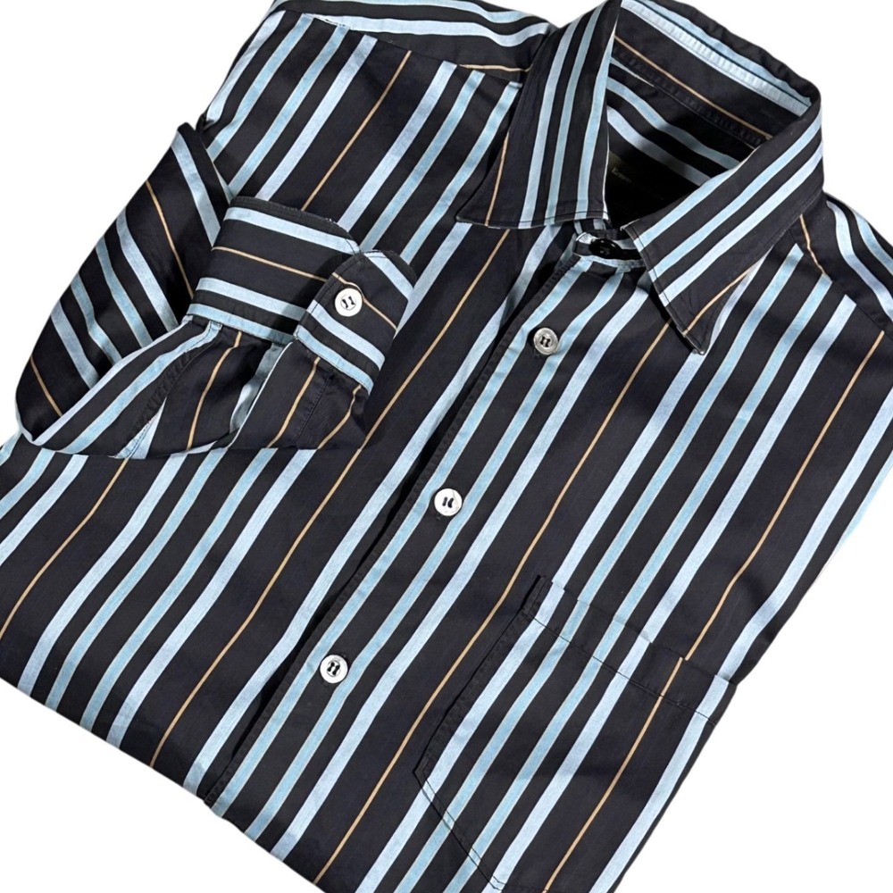 Ermenegildo Zegna Button Down Mens‎ Size M Black Blue Gold Striped Long Sleeve